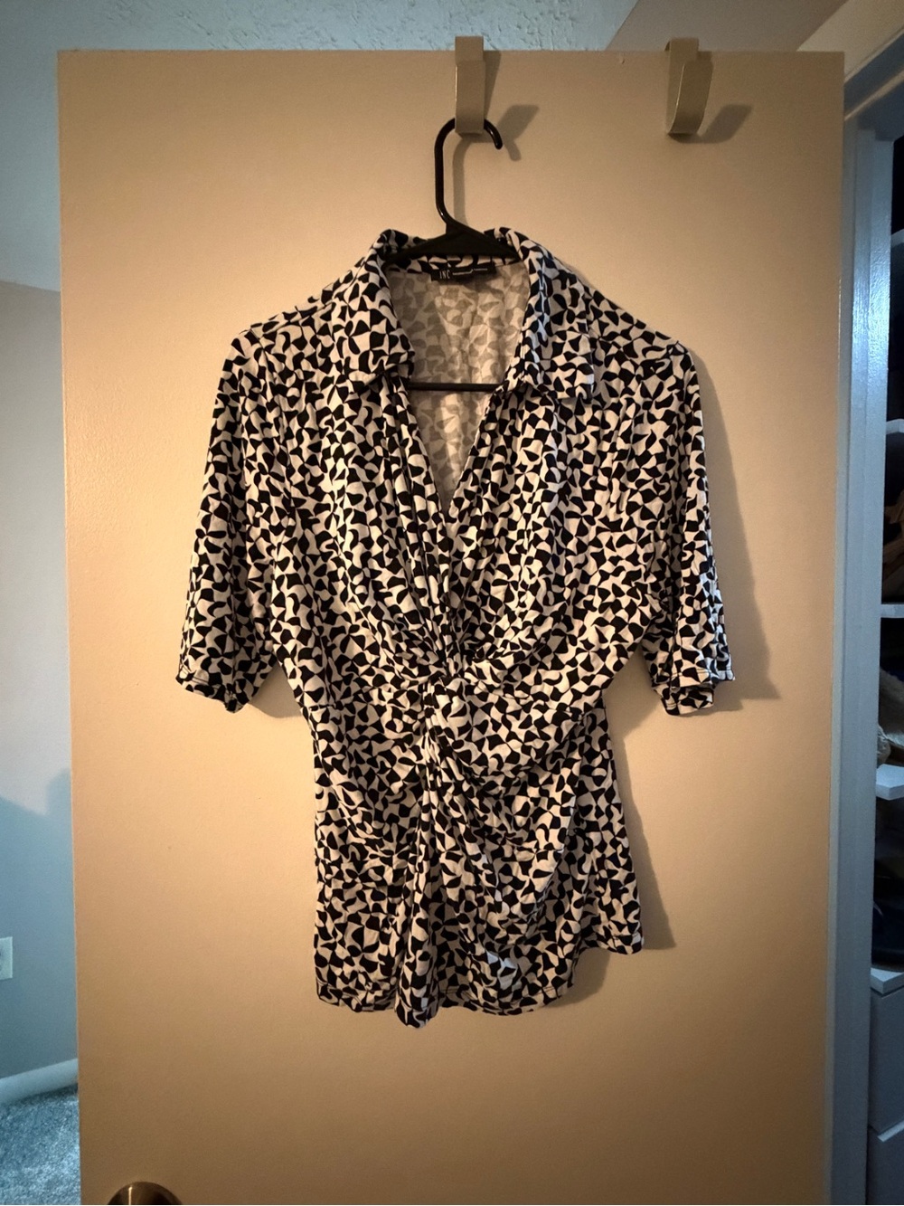 INC International Concepts Black and White Twist-Front Blouse